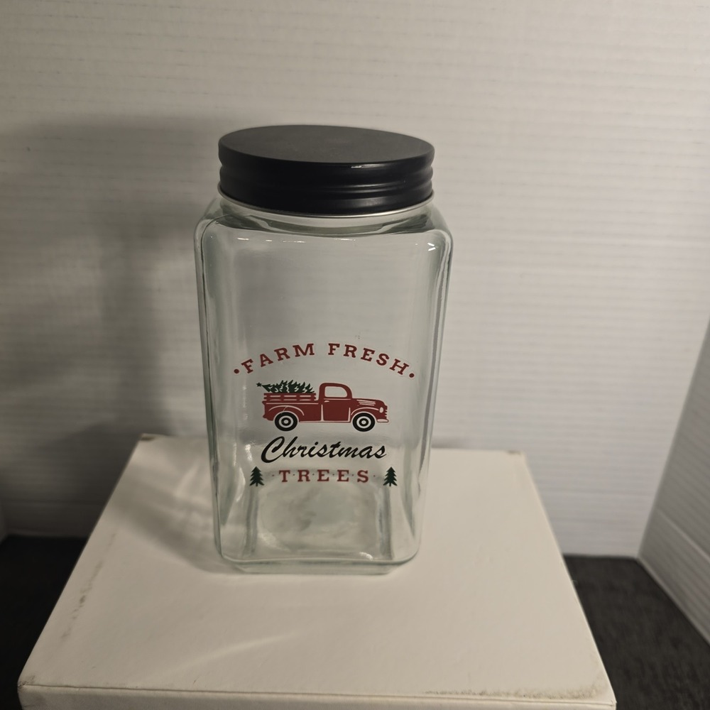 TALL GLASS CHRISTMAS Canister Container with Lid 34 fl.oz